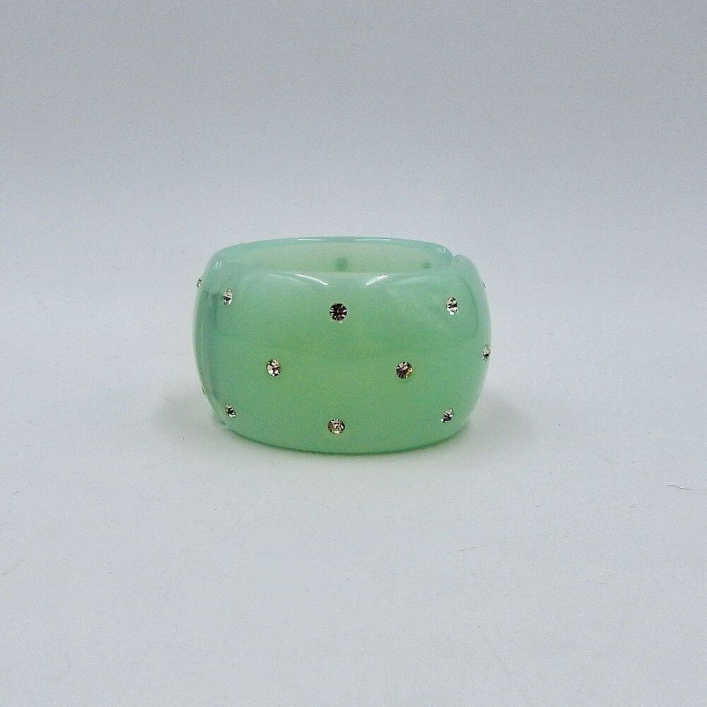 Lucite Aqua Green Rhinestone Chunky Bangle Bracelet 2.5 Inch Hinge Magnet Close